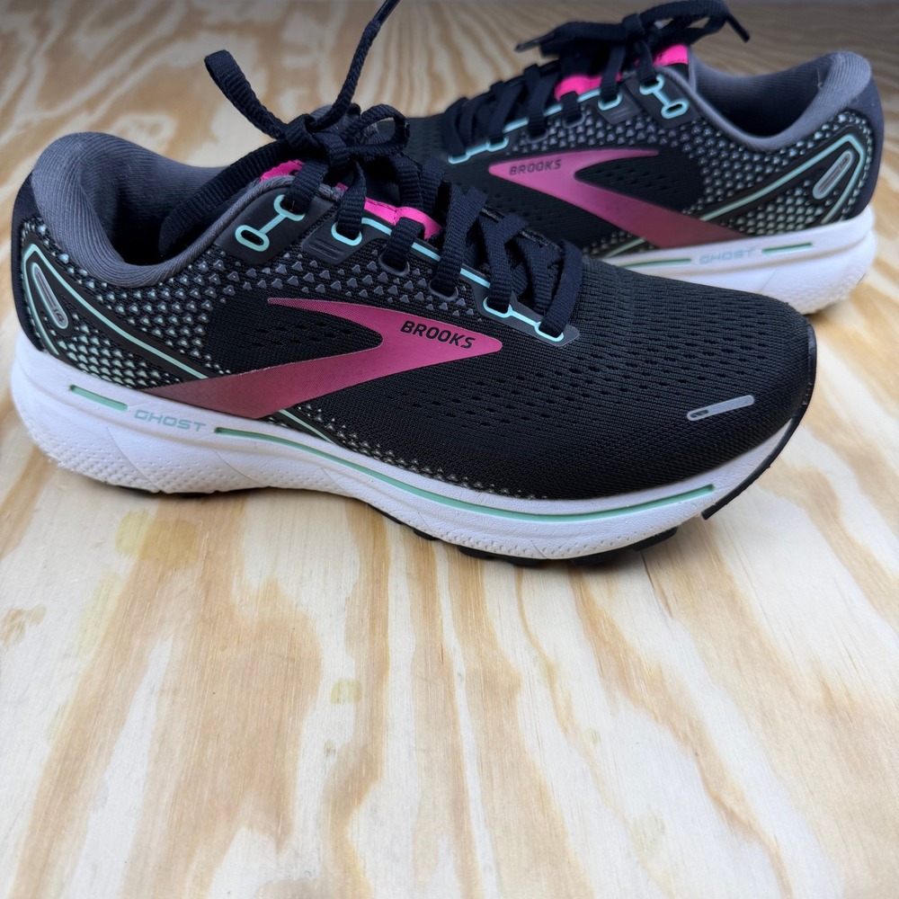 Brooks Ghost 14 Womens Running Shoes Black Pink Teal 1203561D013 Wide D Size 6.5